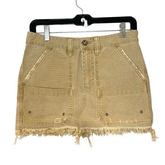 Free People Skirt Canvas Relaxed Utility 25 Cut Off Mini Pockets Khaki Tan - Picture 2 of 8